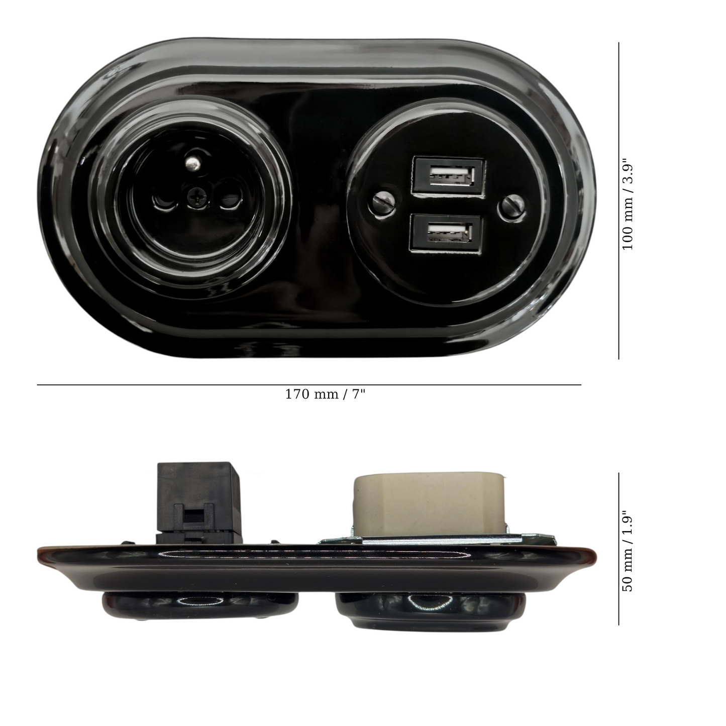 Retro Style Black Ceramic French And 2xUSB Charging Socket SET Flushed-Mounted