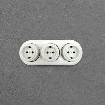 Retro Style White Ceramic Triple German Schuko Socket Surface-Mounting Childproof