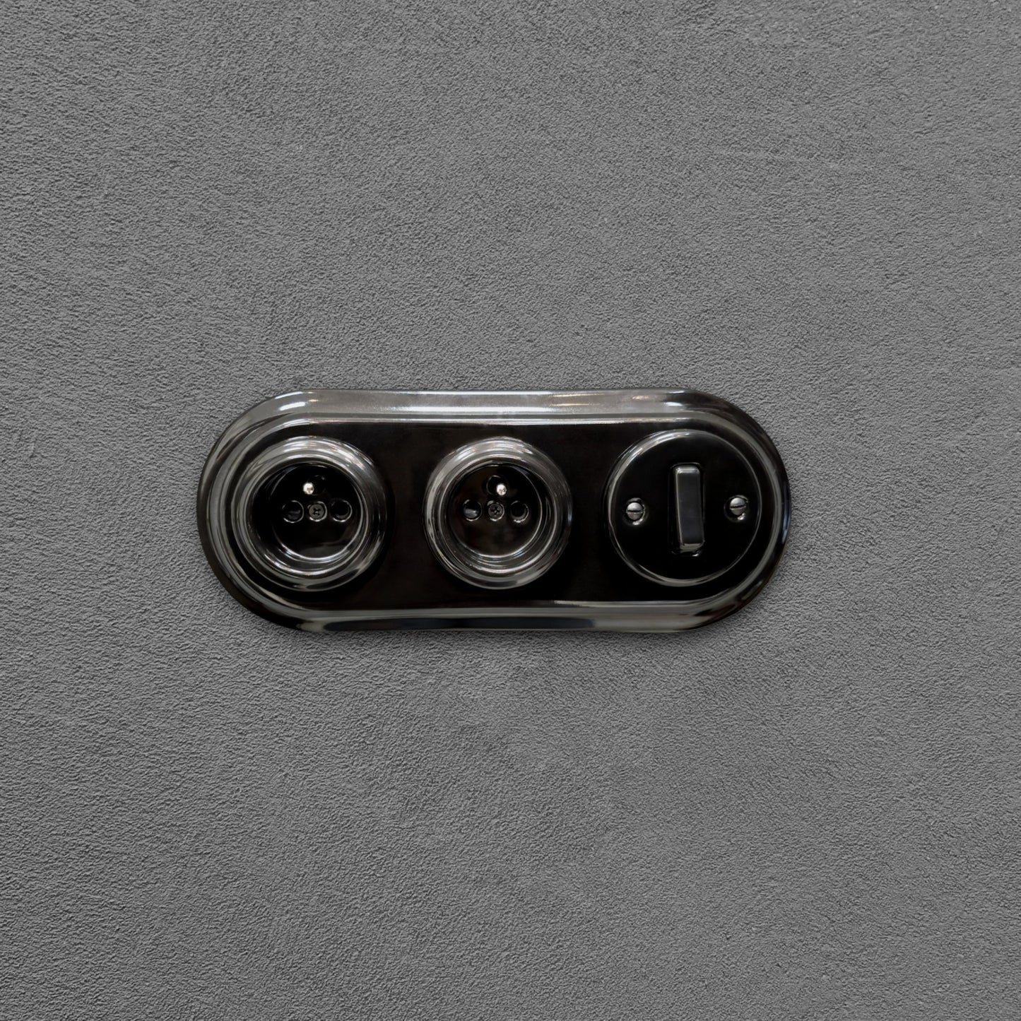 Double black French porcelain socket with light switch, flush-mount