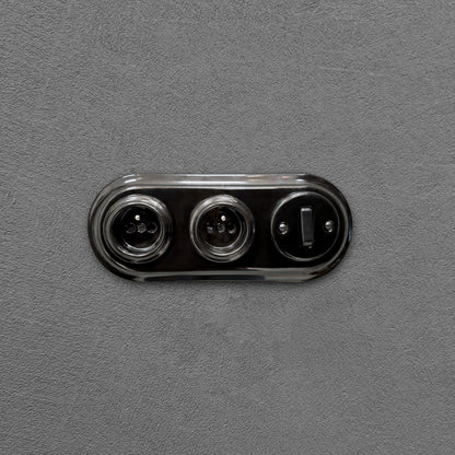 Double black French porcelain socket with light switch, flush-mount