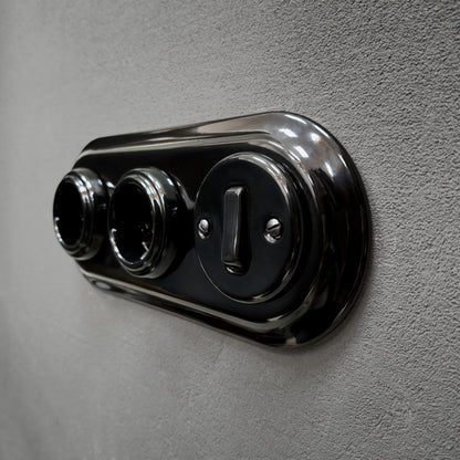 Double SCHUKO porcelain socket with light switch, black, flush-mounted, side