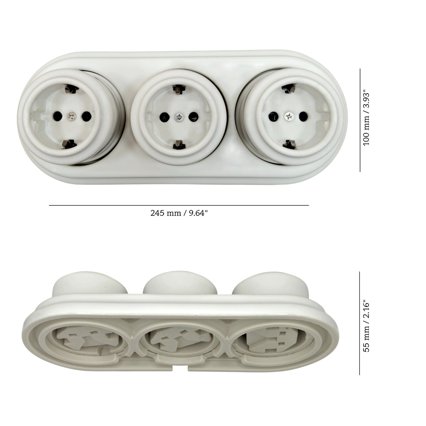 Retro Style White Ceramic Triple German Schuko Socket Surface-Mounting Childproof