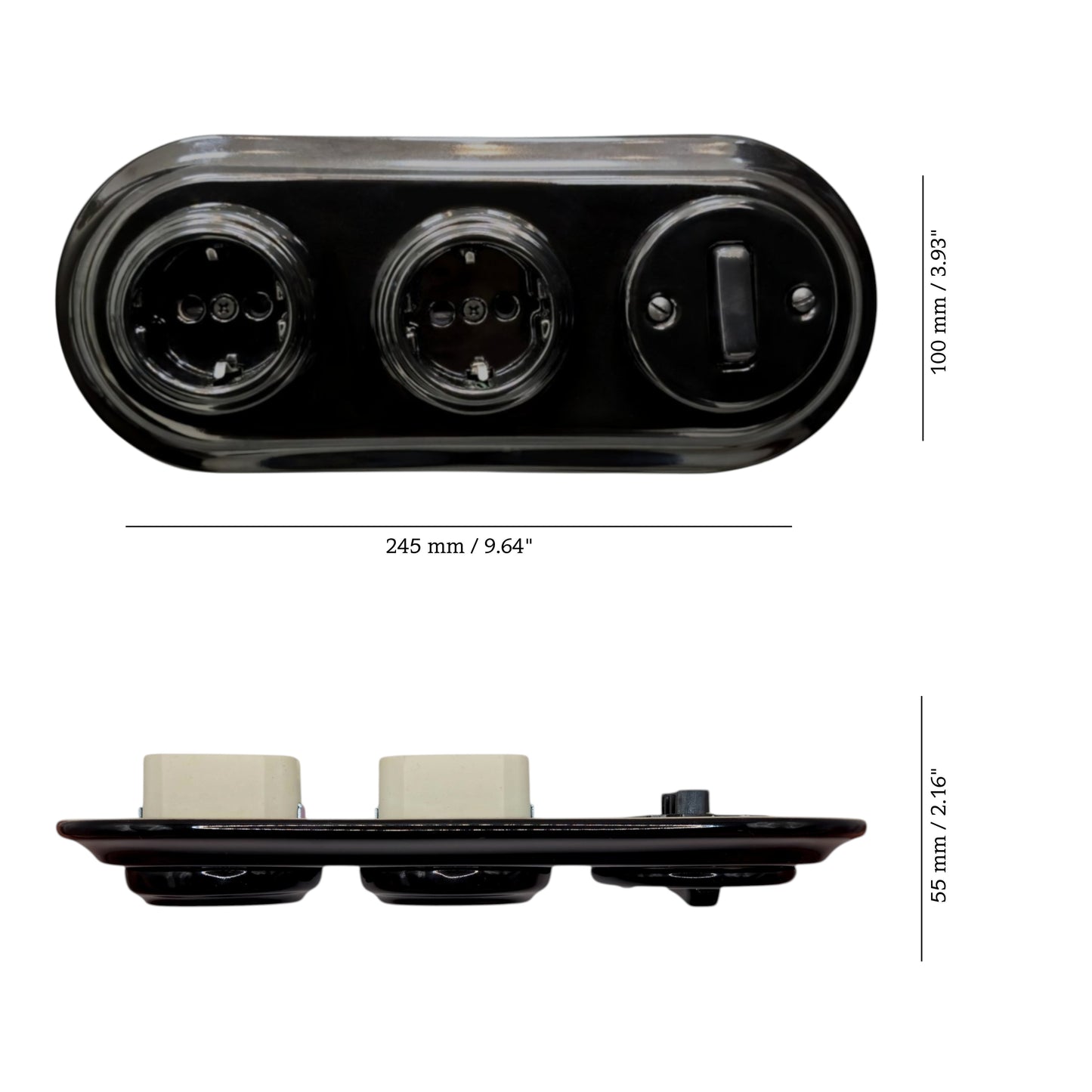 Double SCHUKO porcelain socket with light switch, black, flush-mounted, measurements