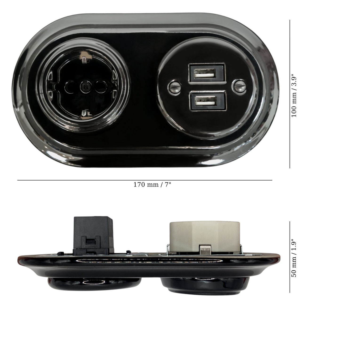 Retro Style Black Ceramic German Schuko And 2xUSB Charging Socket SET Flushed-Mounted