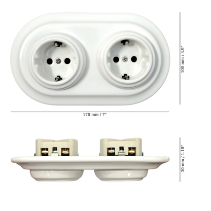 Double Power Socket Porcelain Loft Retro Electrical German Schuko Flush-Mounting Vintage Cottage Ceramic White