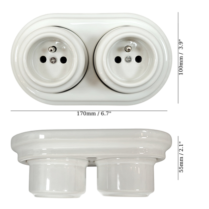 Surface-Mounting Double Frame French Power Socket Porcelain Loft Retro Electrical Vintage Cottage Ceramic White