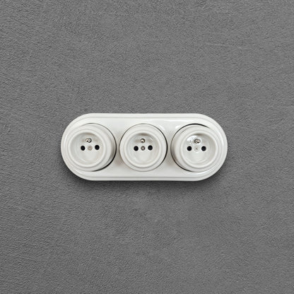 Triple Power French Socket Porcelain Surface Mounted Loft Retro Electrical 3 Socket Vintage Cottage Ceramic White