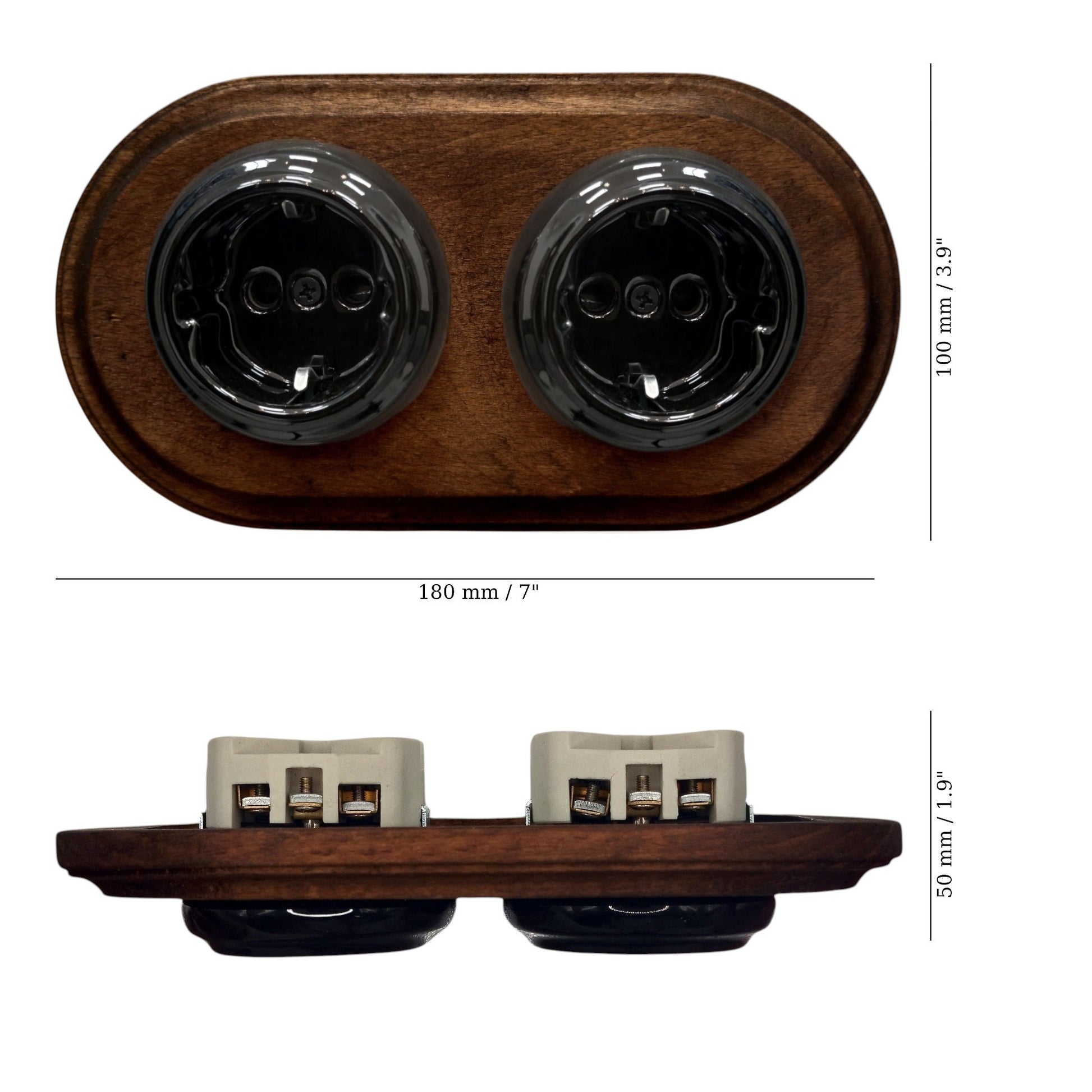 Double SCHUKO porcelain socket with dark wooden frame, black, flush-mounted, measurements