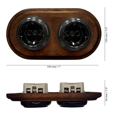 Double SCHUKO porcelain socket with dark wooden frame, black, flush-mounted, measurements