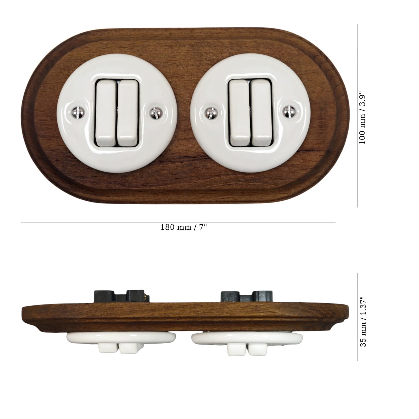 Wooden Frame Double Porcelain Light Switch Loft Retro 2-gang Two-way Flush-Mounting Vintage Cottage Ceramic Dark Brown With White