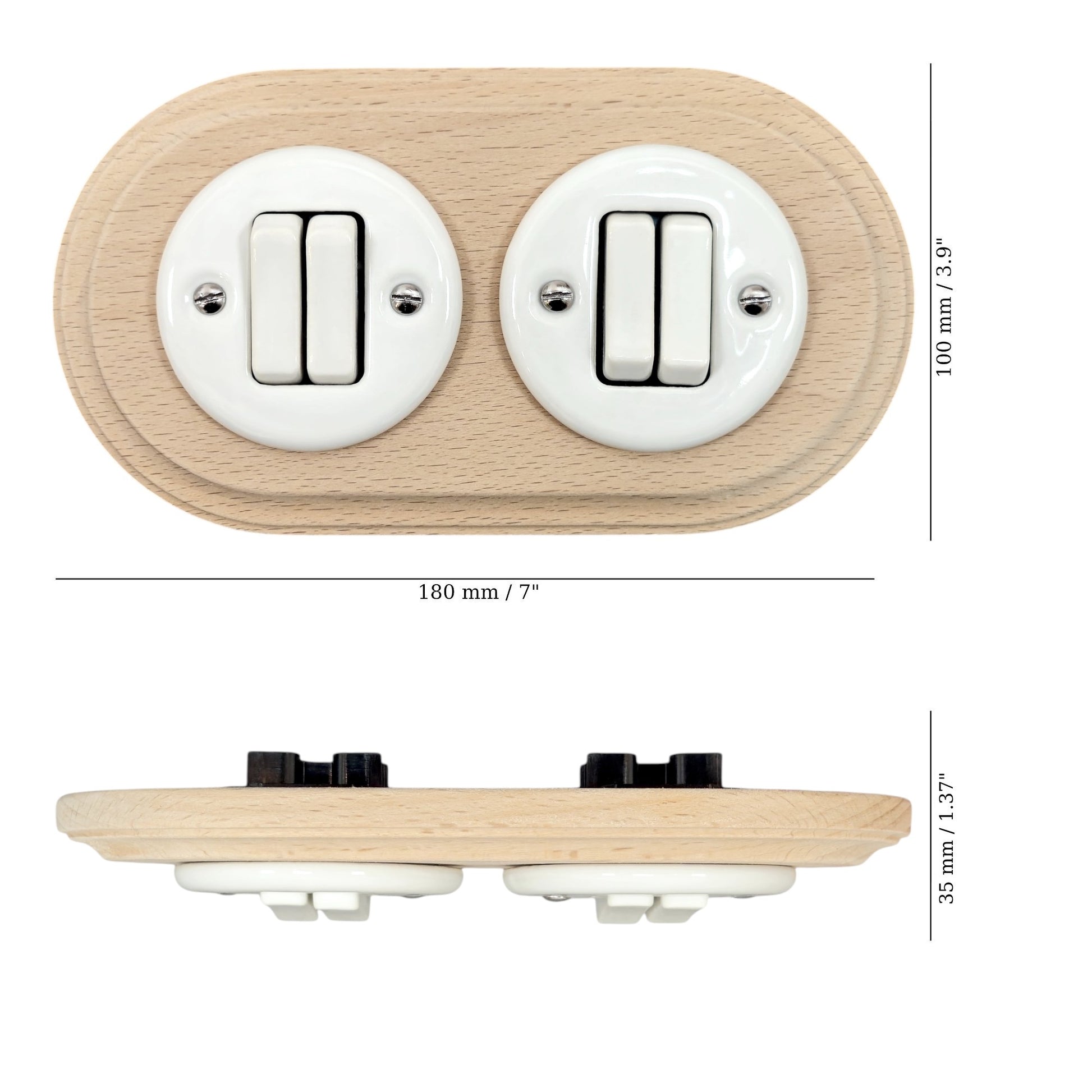 double white porcelain 2gang2way light switch wood frame, flush-mount, measurements
