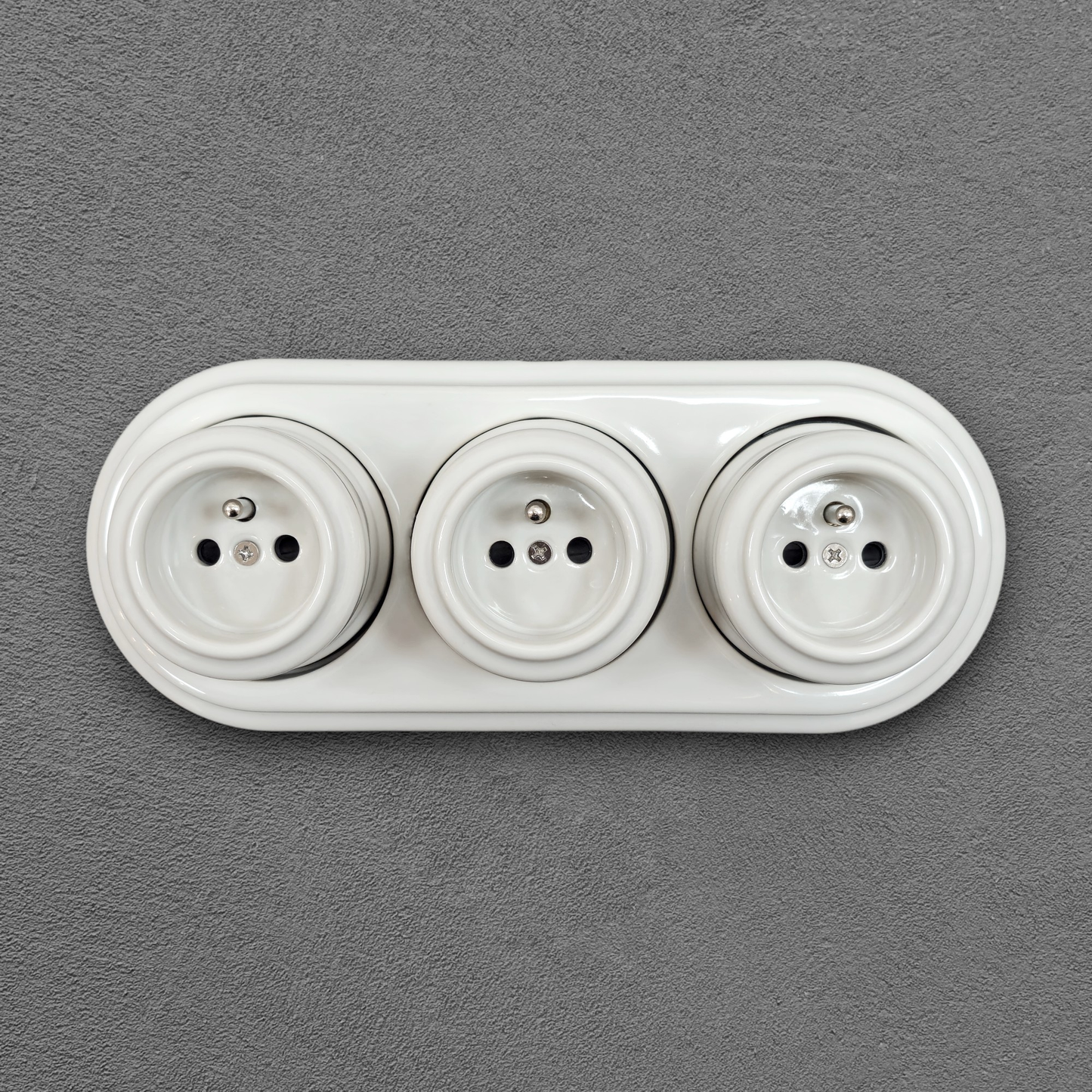 Triple Power French Socket Porcelain Surface Mounted Loft Retro Electrical 3 Socket Vintage Cottage Ceramic White