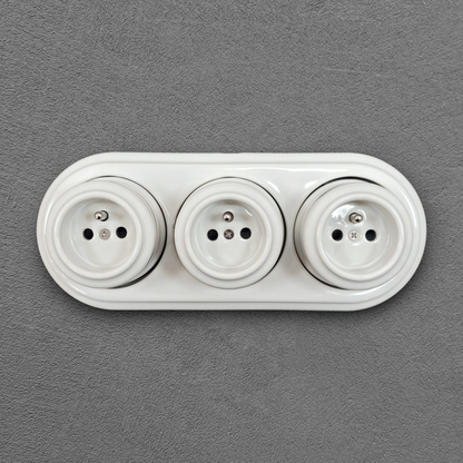 Triple Power French Socket Porcelain Surface Mounted Loft Retro Electrical 3 Socket Vintage Cottage Ceramic White