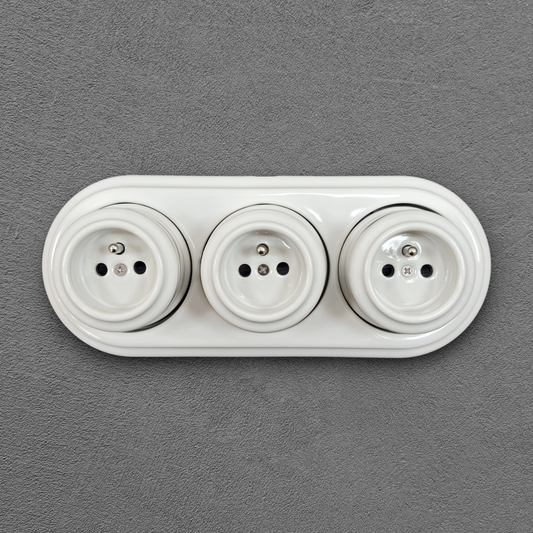 Triple Power French Socket Porcelain Surface Mounted Loft Retro Electrical 3 Socket Vintage Cottage Ceramic White