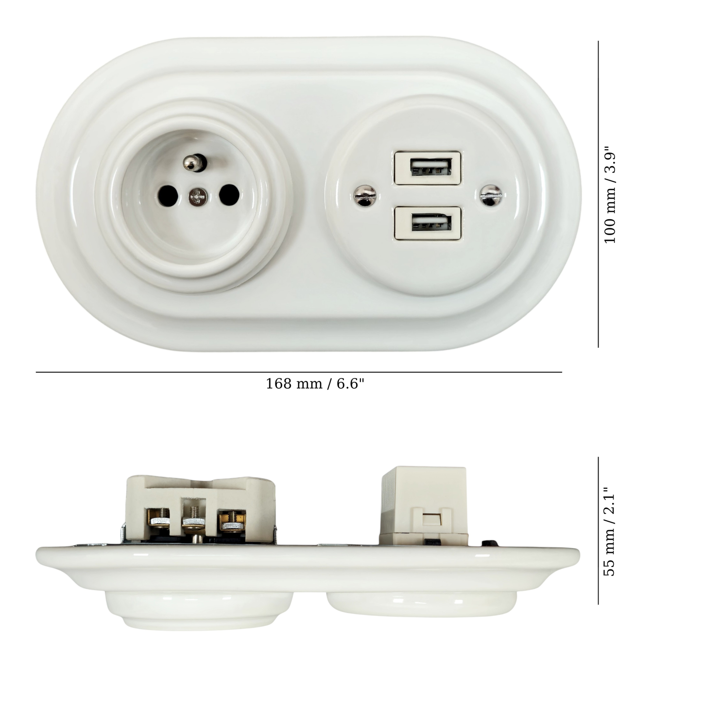 Porcelai USB French Socket – Retro Loft Style | Vintage Design, Flush-Mounted White