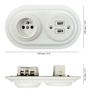 Porcelai USB French Socket – Retro Loft Style | Vintage Design, Flush-Mounted White