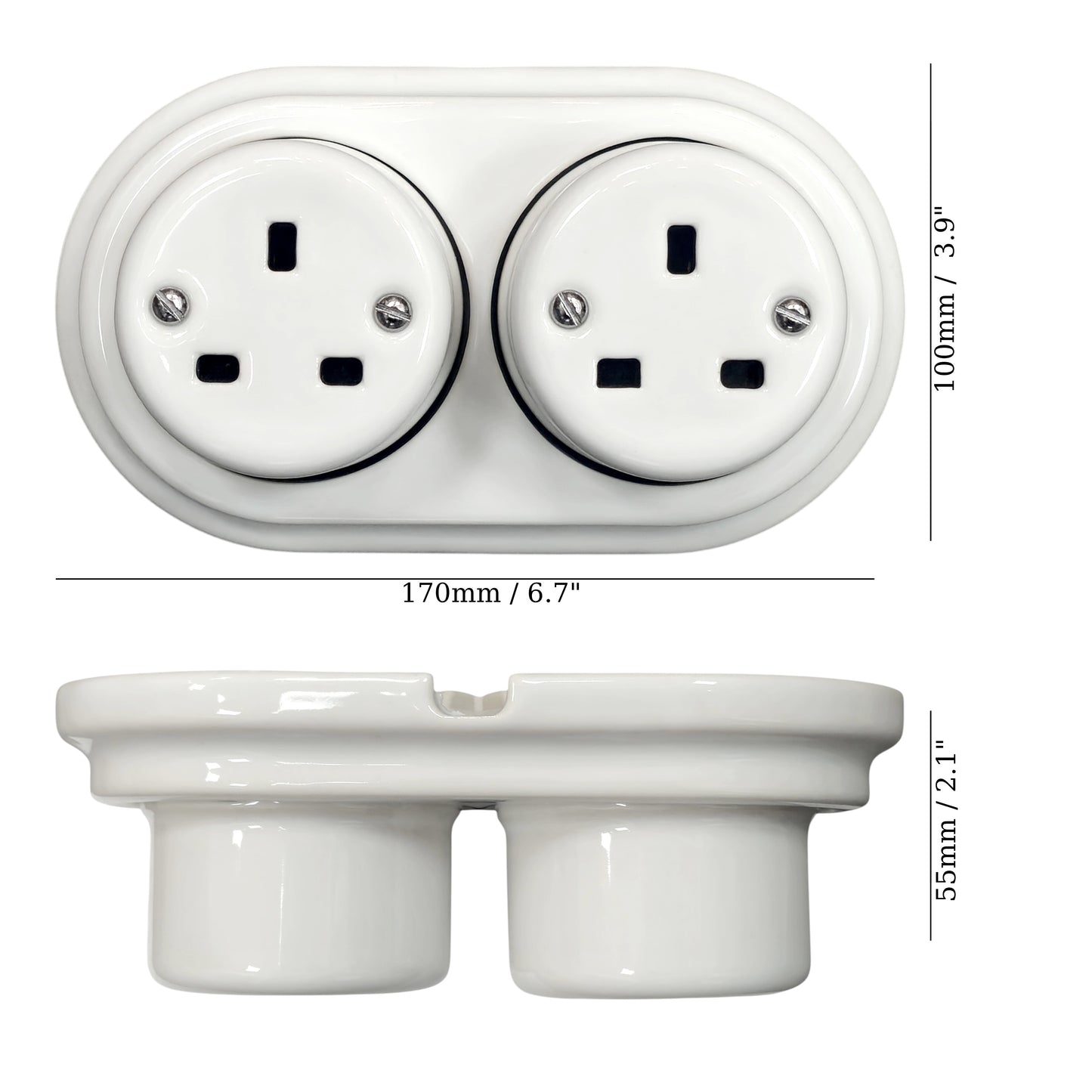 Surface Mounting Double Power Socket Porcelain Loft Retro Electrical UK 3 Prong Surface Mounted Vintage Cottage Ceramic White