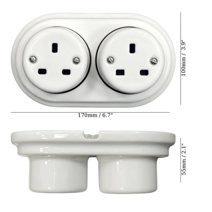 Surface Mounting Double Power Socket Porcelain Loft Retro Electrical UK 3 Prong Surface Mounted Vintage Cottage Ceramic White