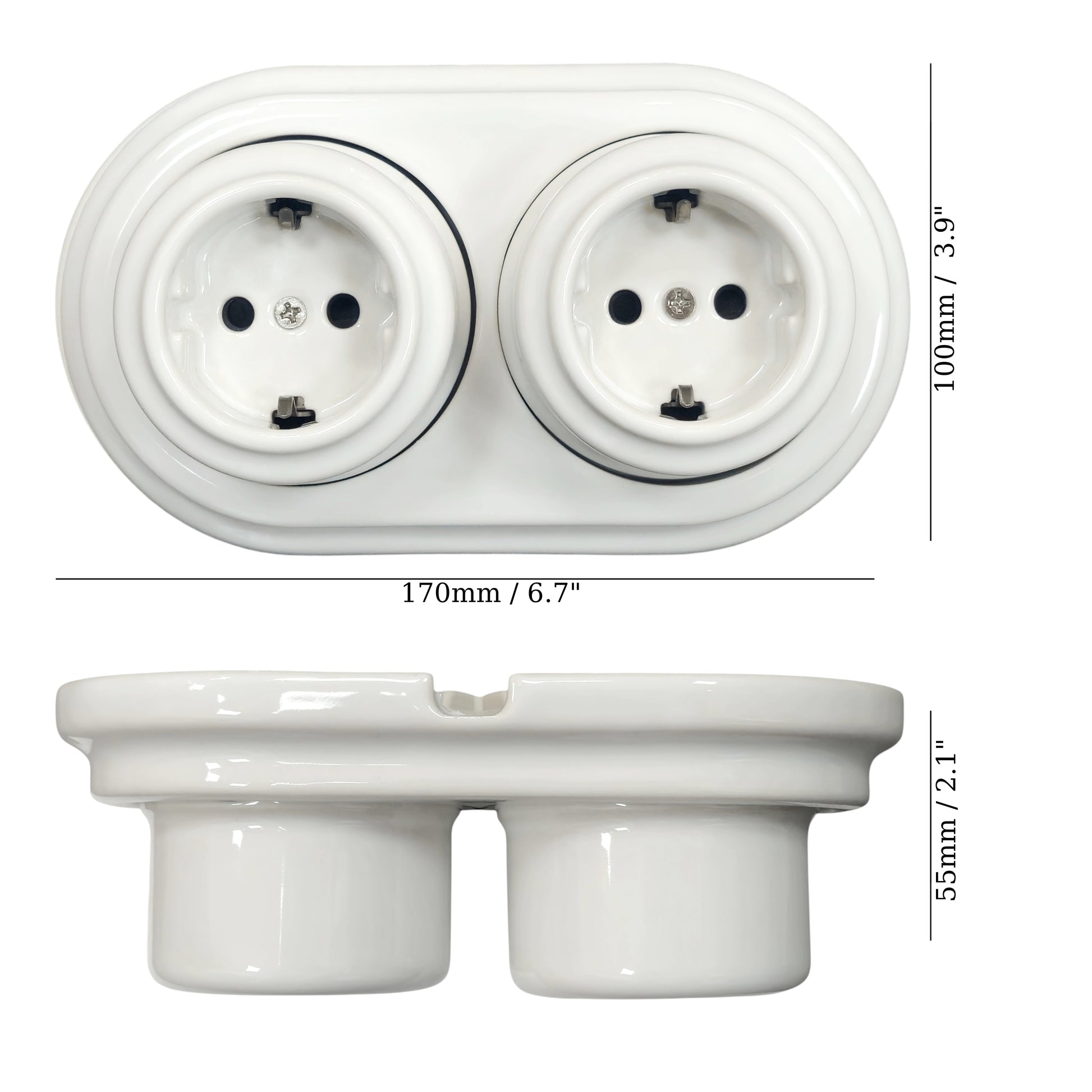 Double SCHUKO porcelain socket, white, surface-mounted, measurements