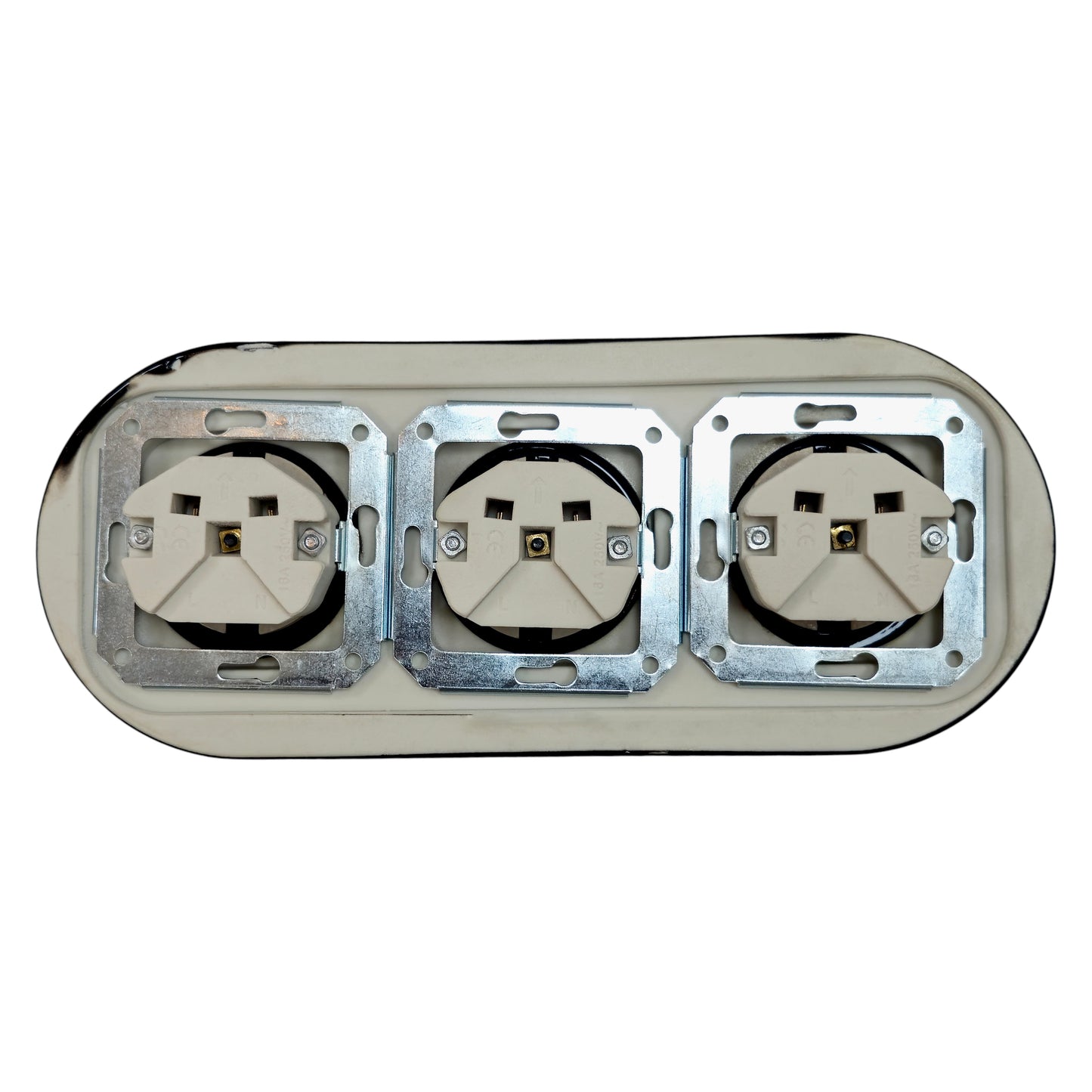 Triple SCHUKO porcelain socket, black, flush-mounted, close-up detail