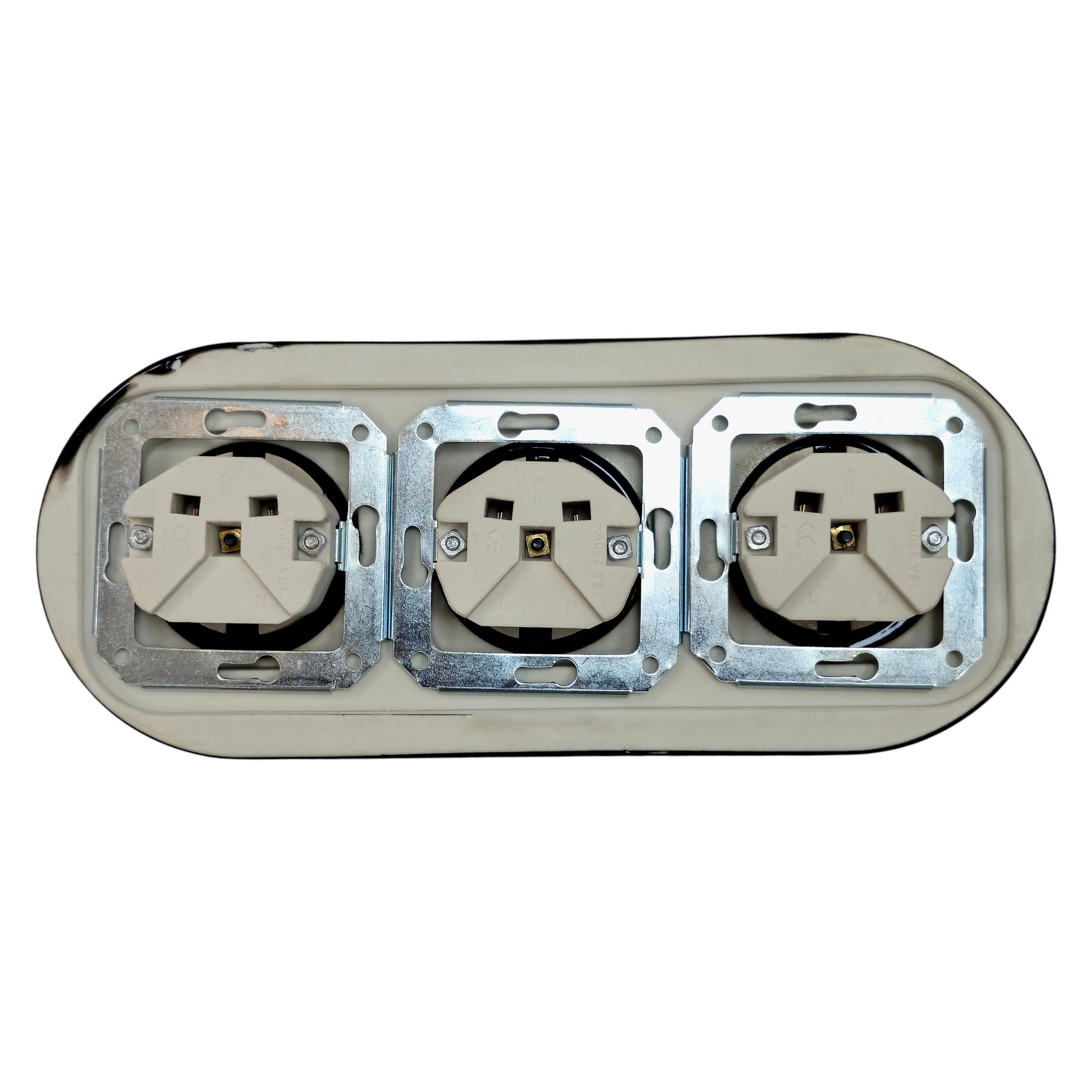 Triple SCHUKO porcelain socket, black, flush-mounted, close-up detail