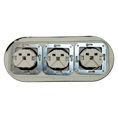 Triple SCHUKO porcelain socket, black, flush-mounted, close-up detail