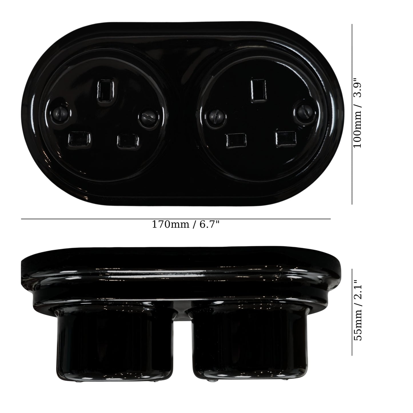 Surface Mounting Double Power Socket Porcelain Loft Retro Electrical UK 3 Prong Surface Mounted Vintage Cottage Ceramic Black