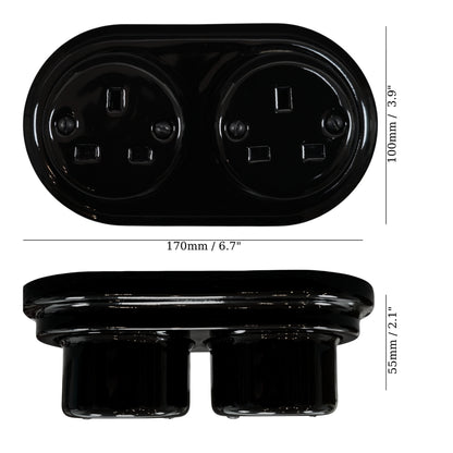 Surface Mounting Double Power Socket Porcelain Loft Retro Electrical UK 3 Prong Surface Mounted Vintage Cottage Ceramic Black